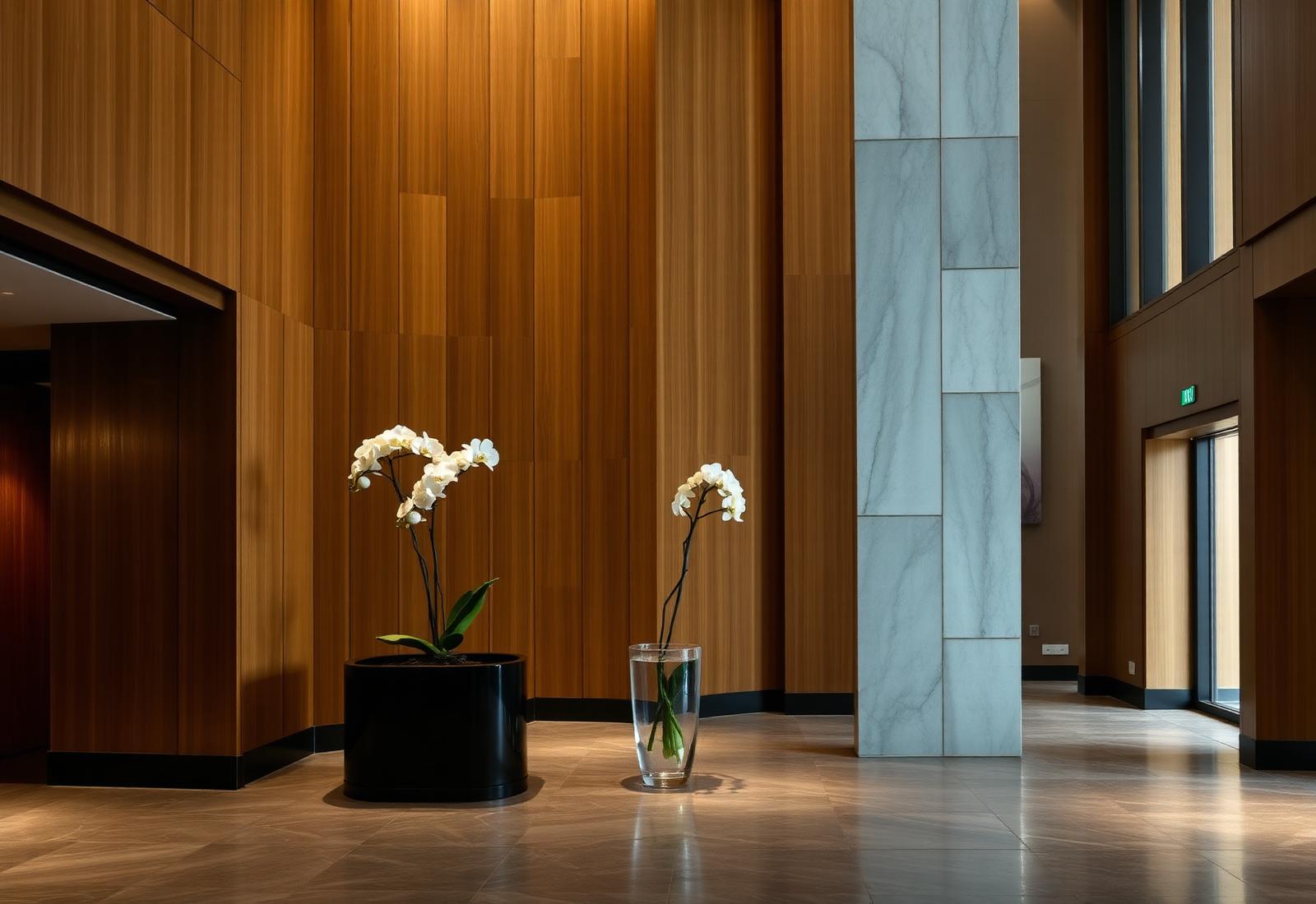 Residential lobby detail with warm timber and stone finishes